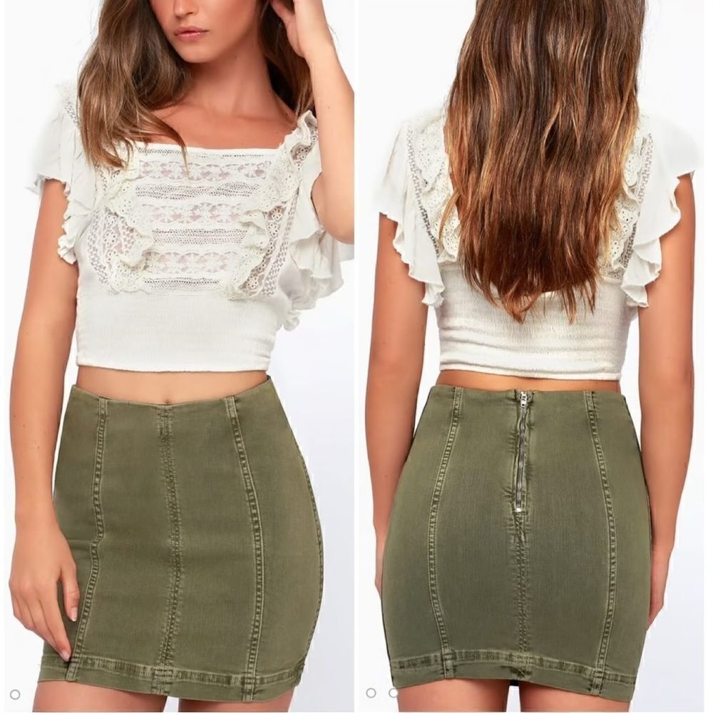 Free People Modern Femme Olive Green Denim Skirt, Size 4
